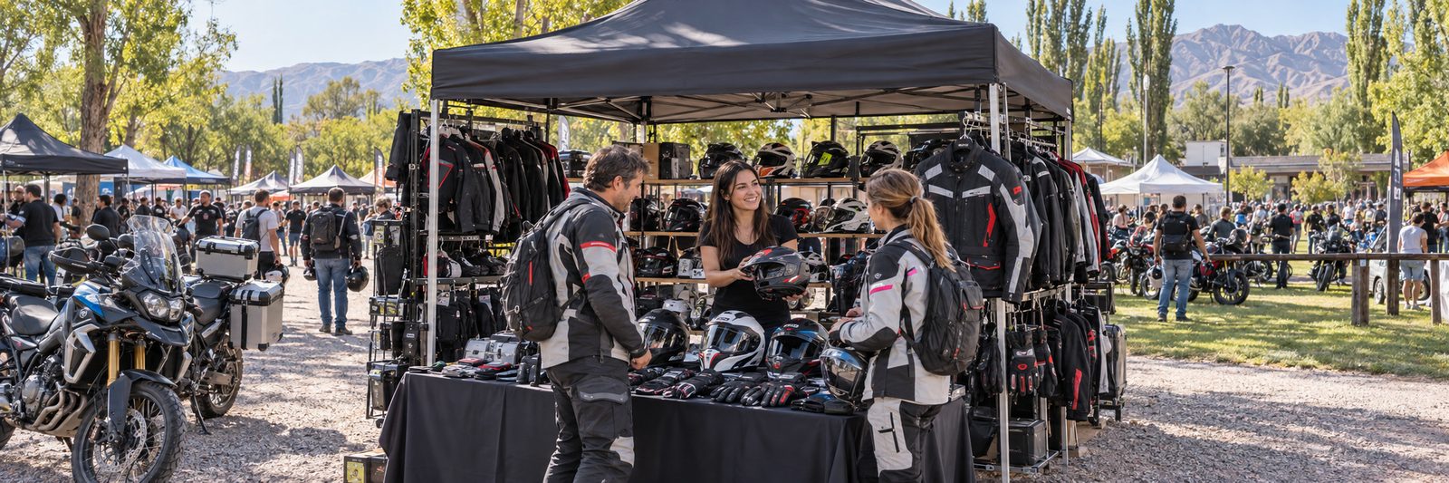 Stand de indumentaria y accesorios para motociclistas en un predio de eventos arbolado de Mendoza.